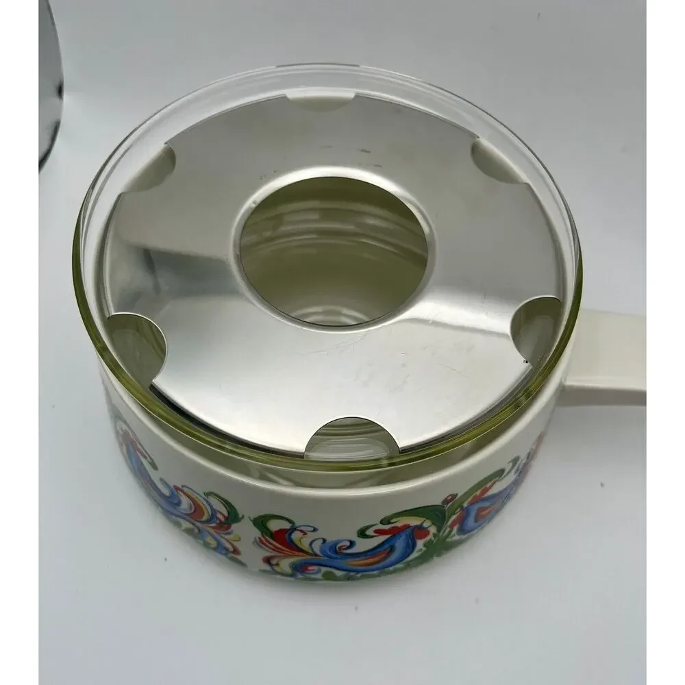 Vtg Villeroy & Boch Rooster Design Fondue Pot With Glass Insert & Lid Porcelain
